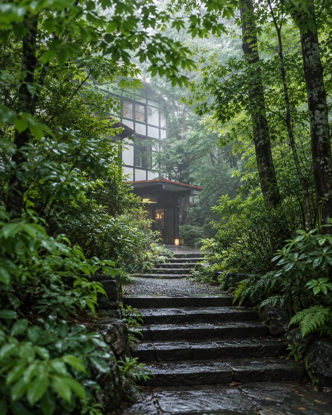 A house glimpsed among wet green trees in Karuizawa, mist after rain, stone steps leading up through the forest