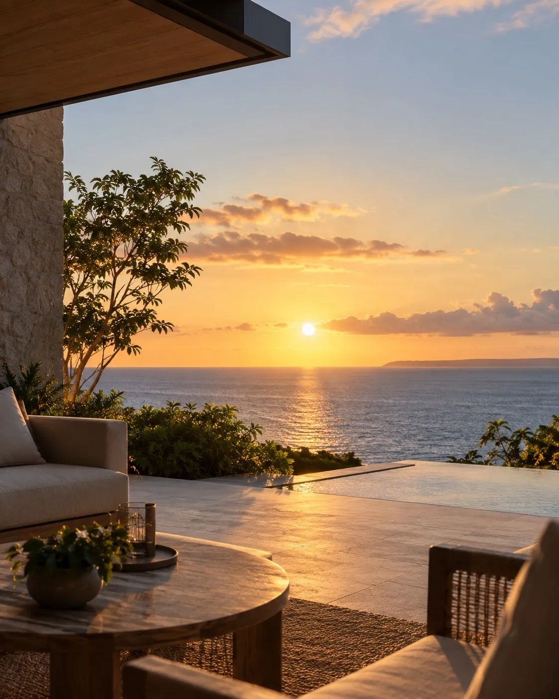 A terrace with low seating opening to the sea horizon at sunset, warm light across stone and water