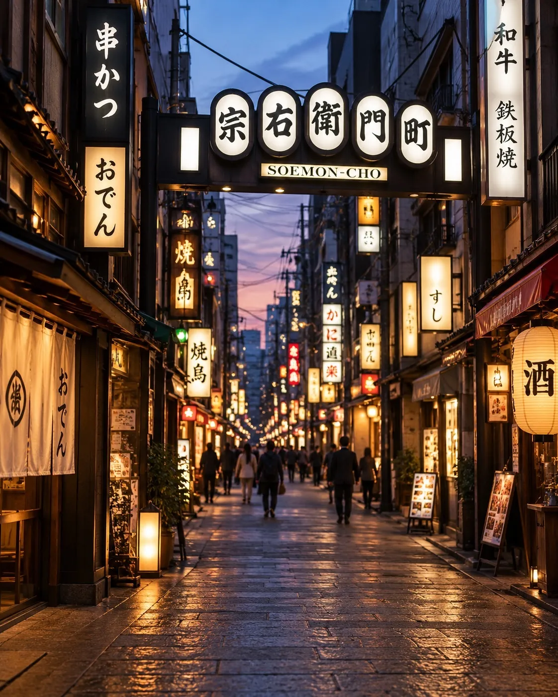 An Osaka backstreet at dusk, lit signs and noren curtains reflected on the wet paving