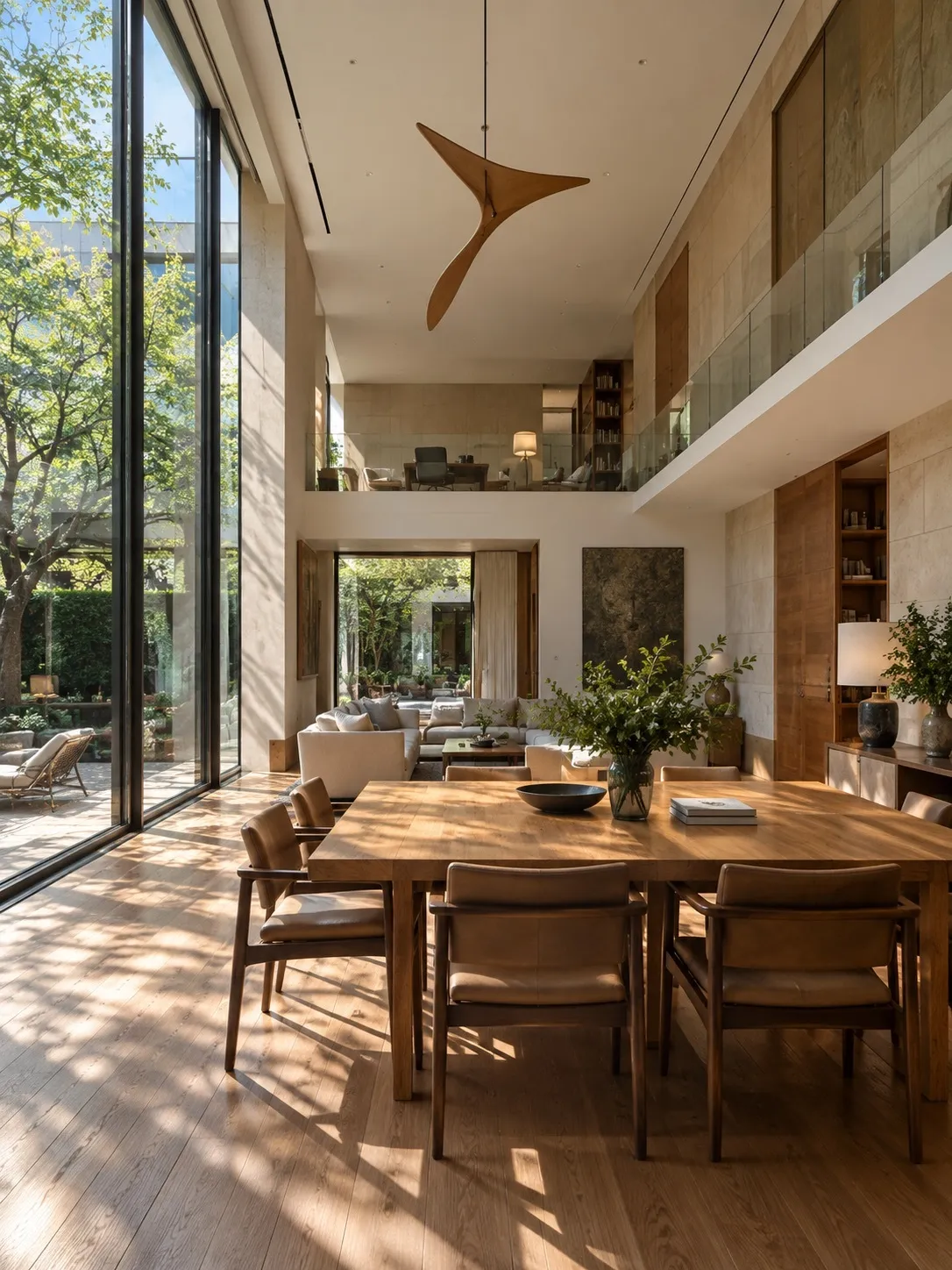 Double-height residence interior with a wooden dining table in dappled afternoon light